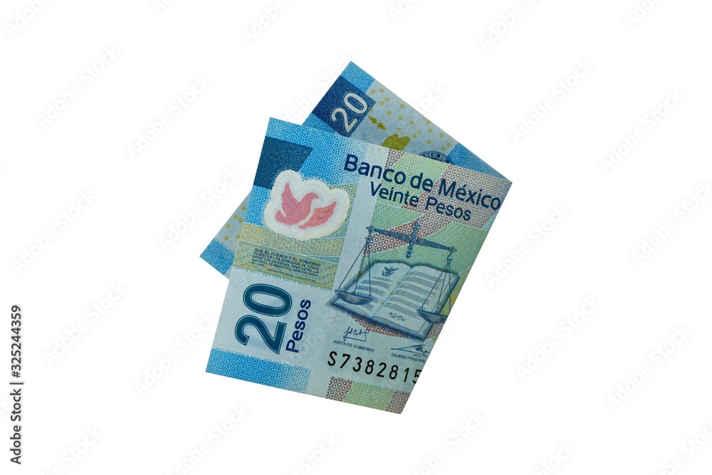 A single middle folded 20 mexican peso bill isolated on white background A single middle folded 20 mexican peso bill isolated on white background