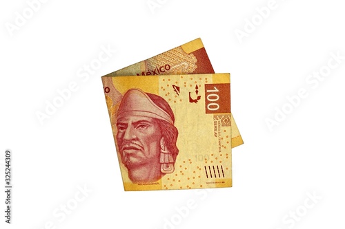 A single middle folded 100 mexican peso bill isolated on white background