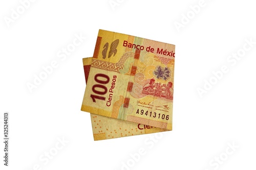 A single middle folded 100 mexican peso bill isolated on white background