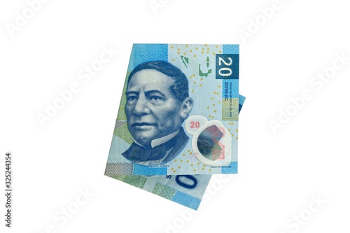 A single middle folded 20 mexican peso bill isolated on white background