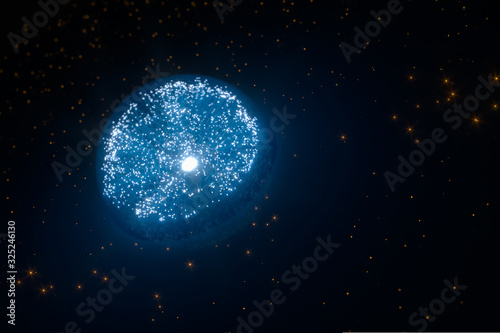 Glowing particles and lines with dark background,3d rendering.