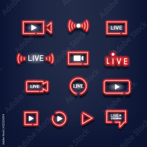 Set of live streaming red neon lights. Neon sign. Music style. Vector illustration.