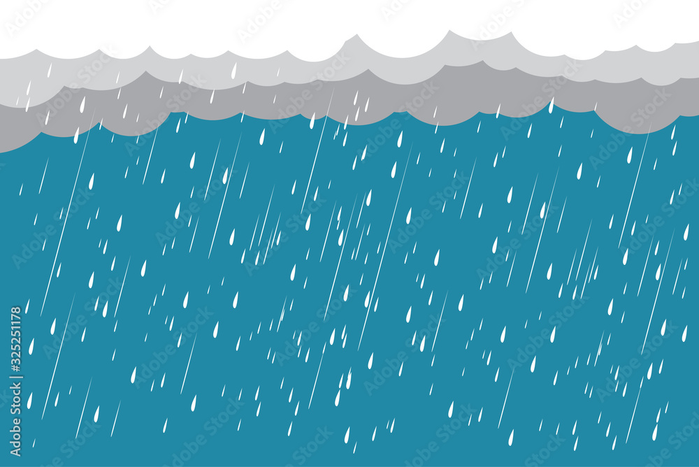 Heavy rain in dark sky, rainy season, clouds and storm, weather nature background, Flood natural disaster, vector illustration. 