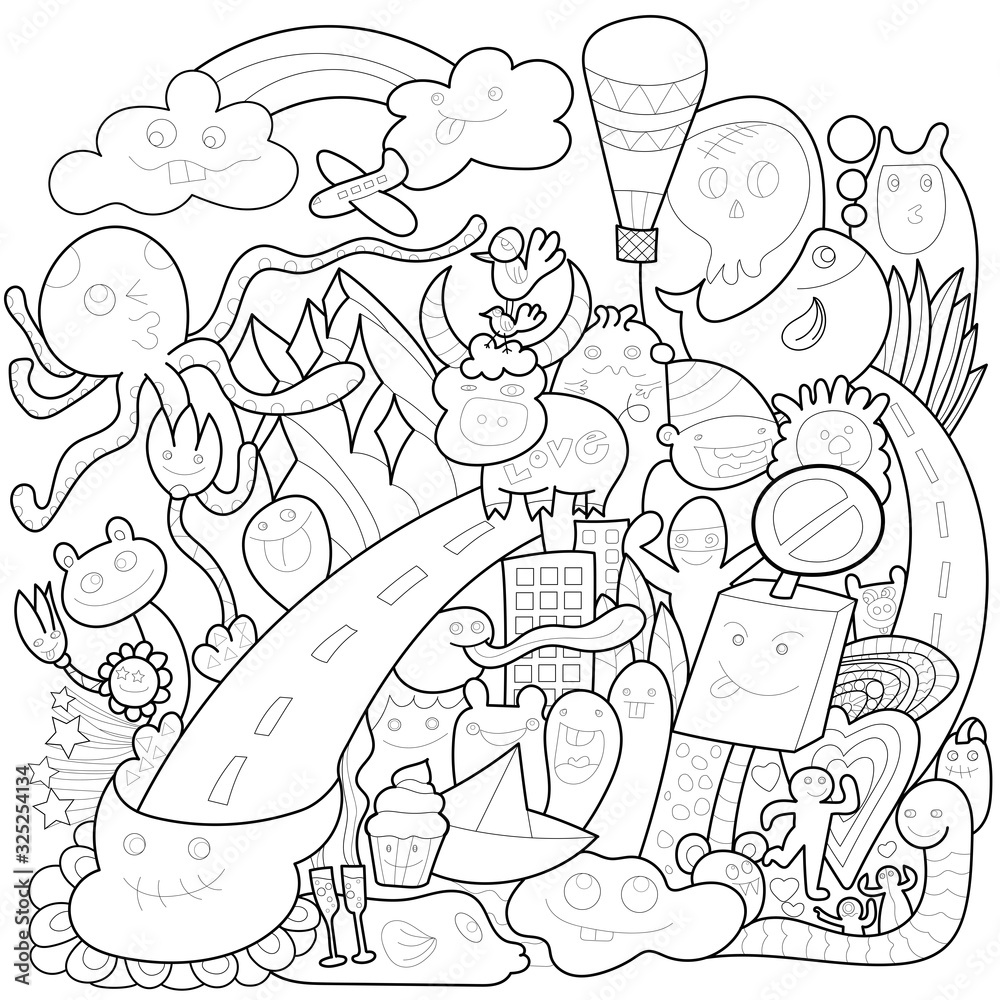 Hand-drawn illustrations, monsters doodle, Cartoon crowd doodle hand-drawn pattern,Doodle style. 