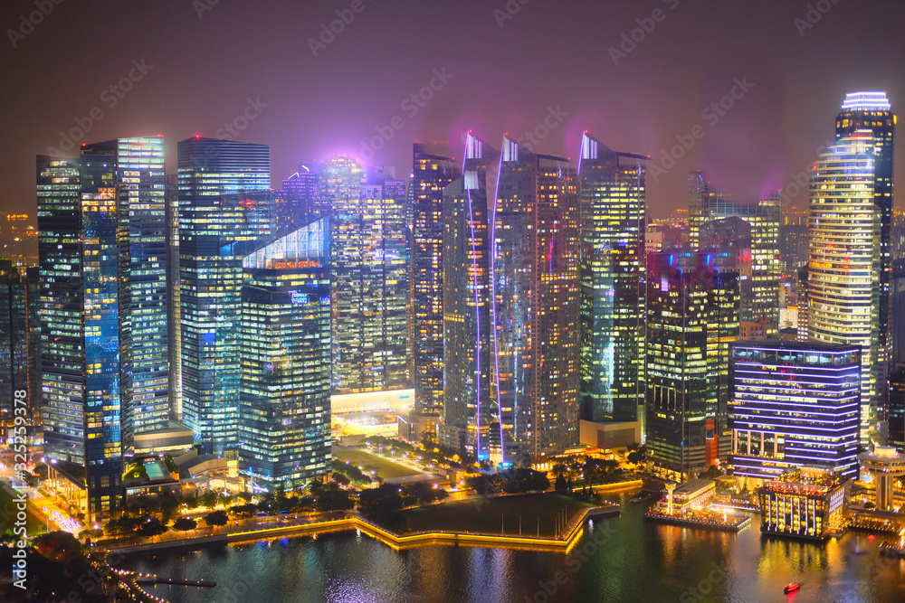 high angle view of singapore financial buildings at night 