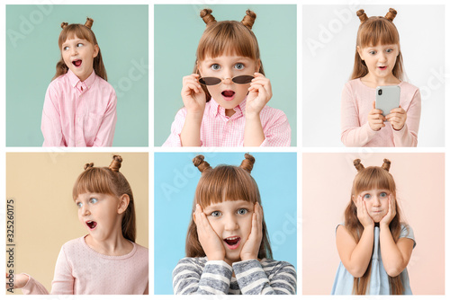Collage of photos with surprised little girl