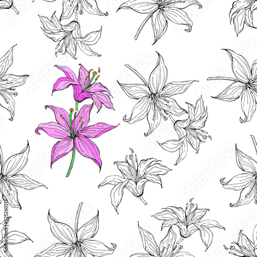 Seamless floral pattern with hand-drawn lilies, monochrome and pink. Endless texture for your design, romantic greeting cards, advertising, fabrics