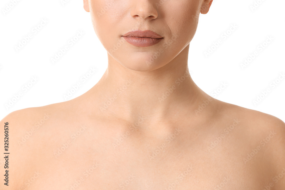 Beautiful young woman on white background, closeup. Plastic surgery concept Beautiful young woman on white background, closeup. Plastic surgery concept