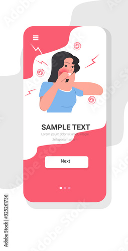woman having sore throat flu influenza infection symptoms smartphone screen online mobile app portrait copy space vector illustration