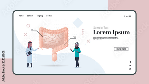 arab doctors examining human intestine digestive system medical consultation internal organ inspection examination treatment concept horizontal copy space full length vector illustration