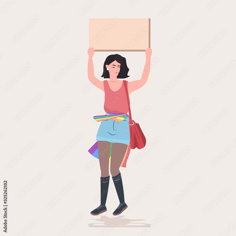 lesbian woman holding protest poster blank placard love parade lgbt pride festival demonstration concept full length vector illustration