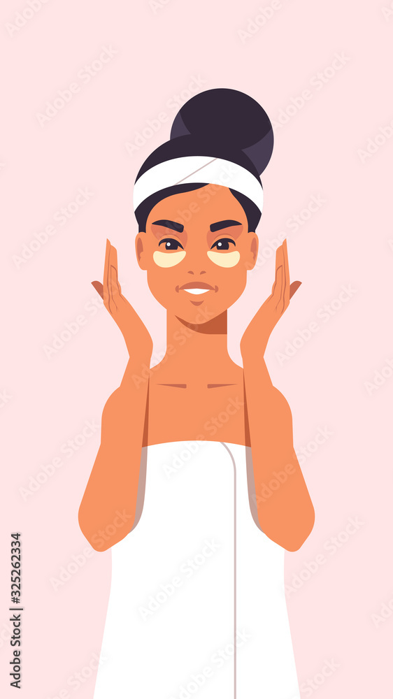 young woman applying skin cream under eyes dressed in towel girl cleaning and care her face skincare spa relax facial treatment concept portrait vector illustration