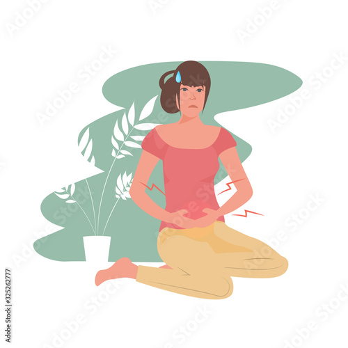 woman suffering from abdominal pain injury on belly area girl having stomach ache full length vector illustration
