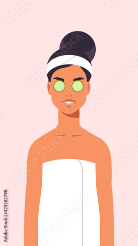 young woman getting facial clay mask dressed in towel girl lying with cucumbers on eyes cleaning and care her face skincare spa relax l treatment concept portrait vector illustration