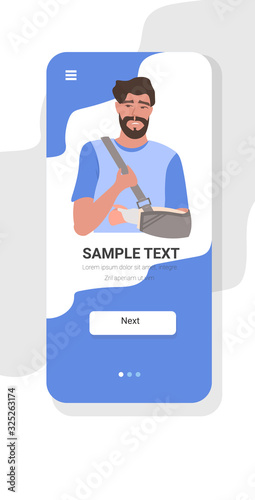 man with injury fracture of arm damage guy with gypsum and fixing collar broken limbs concept smartphone screen mobile app copy space portrait flat vector illustration