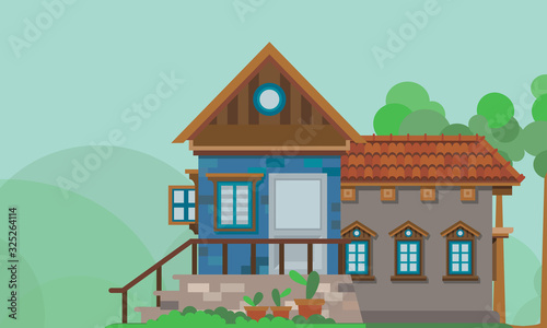 Vector illustration of a family home in the countryside with beautiful natural scenery. Perfect for a weekend getaway in a mountain villa. Minimalist house with a garden and stairs in front. © nendrawahyu