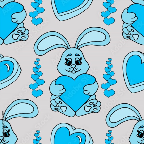 Valentine's day seamless pattern with hearts and a bunny.. Beautiful greeting card with valentines day seamless pattern. Red heart valentine love logo vector. Holiday background.Vector illustration