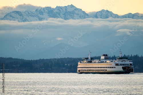 Washington State Ferry Traveling Across Puget Sound In Seattle 