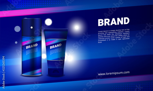 Blue sport ads cosmetic for men with 3d packaging and bokeh vector design template
