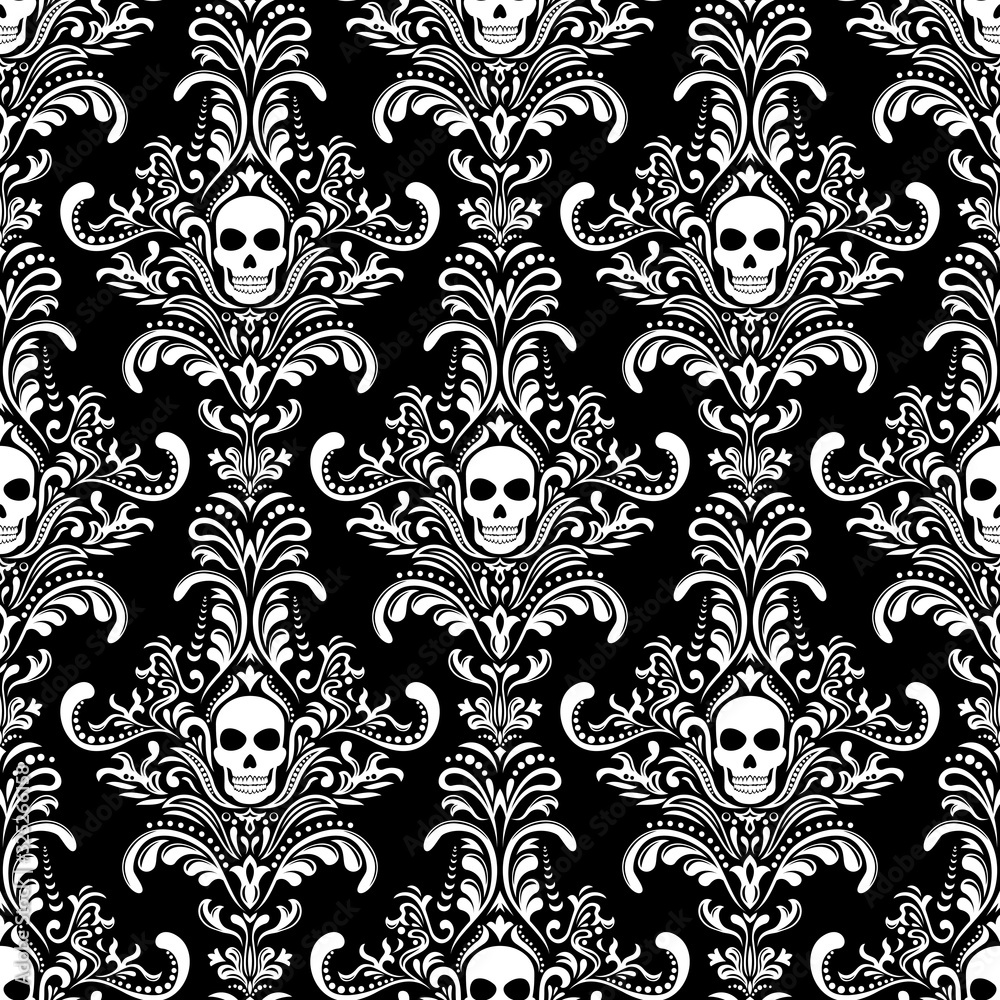 Gothic Skulls Damask Style Black and White Seamless Pattern Stock Vector   Illustration of skulls damask 173462152