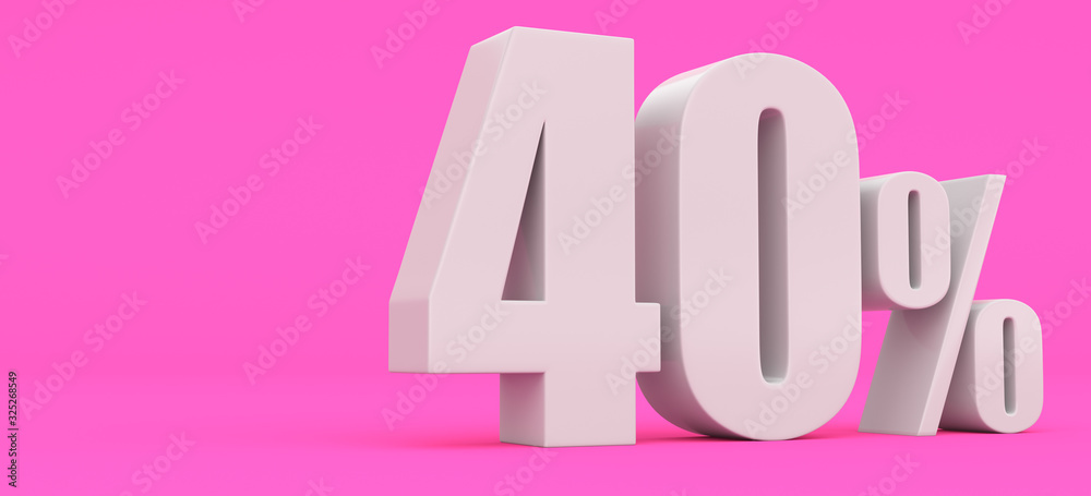 White forty percent on a pink background. 3d render illustration. For advertising.