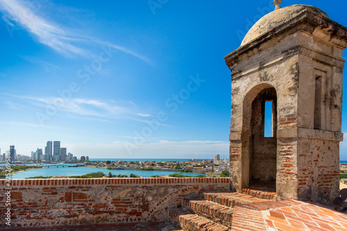 Colombia, scenic view of Cartagena cityscape, modern skyline, hotels and ocean bays Bocagrande and Bocachica from the lookout of Saint Philippe Castle