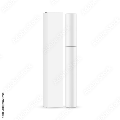 Mascara tube with paper box mockup isolated on white background. Vector illustration