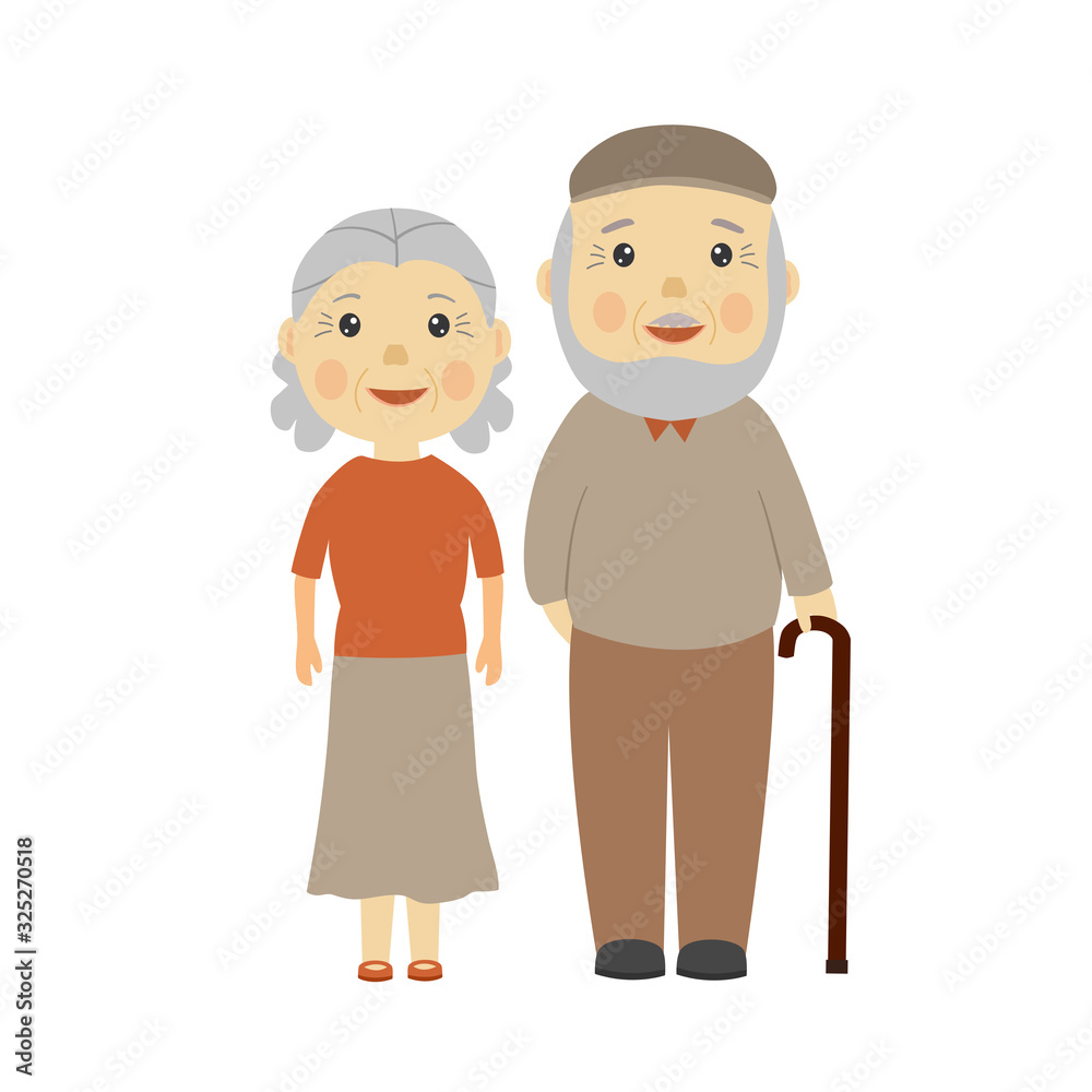 Elderly couple standing together. Grandmother and grandfather in flat design. Grandparents concept vector illustration on white background. Elderly couple standing together. Grandmother and grandfather in flat design. Grandparents concept vector illustration on white background.