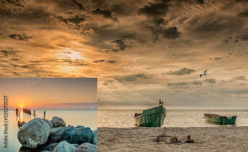 Colorful sunrise at village of fishermen, Baltic Sea,. Conceptual landscape w...