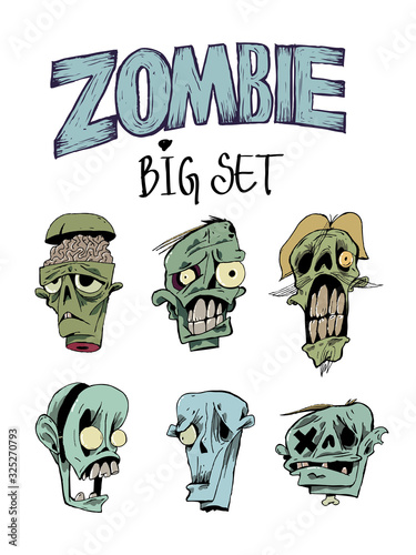 Six portraits of zombies, calligraphy. Color illustration. It can be useful for designing pages on social networks and sites, postcards, posters, banners, t-shirts.