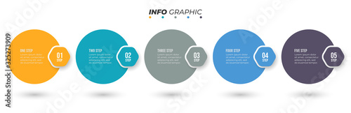 Vector Infographic template design label with circle and number options. Timeline with 5 steps or processes. Can be used for annual report, info chrt, web design.