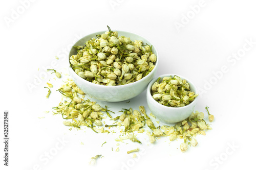 jasmine flowers tea on white background. Herbal tea.