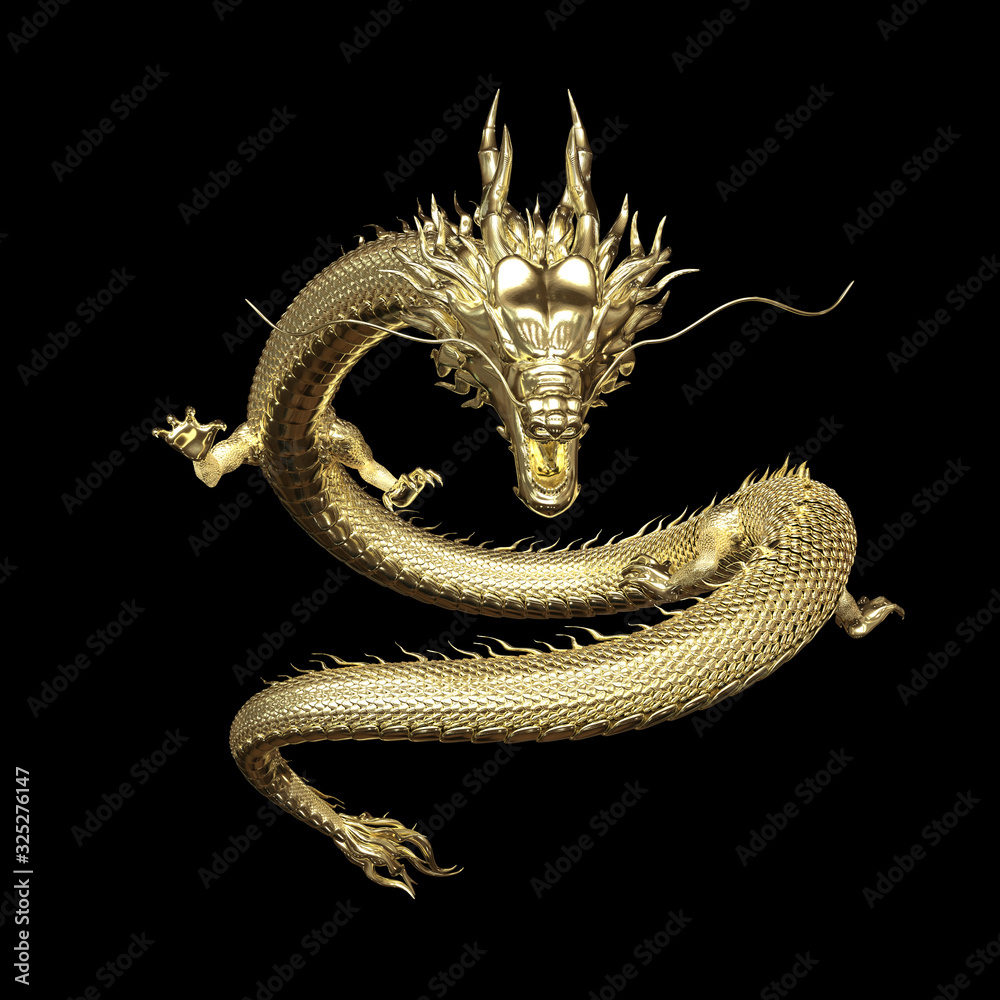 Fototapeta Full body gold dragon in smart pose with 3d rendering include alpha path..