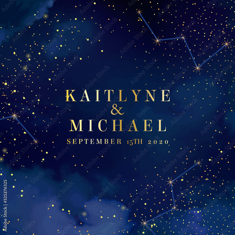 Fototapeta premium Magic night dark blue sky with sparkling stars vector wedding card