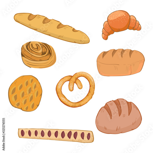 Vector illustration with set in hand-drawn style on the theme of baking and flour products. Rolls, bread, loaf, baguette, bagels, croissants, pie and other bakery products from a bakery or pastry shop