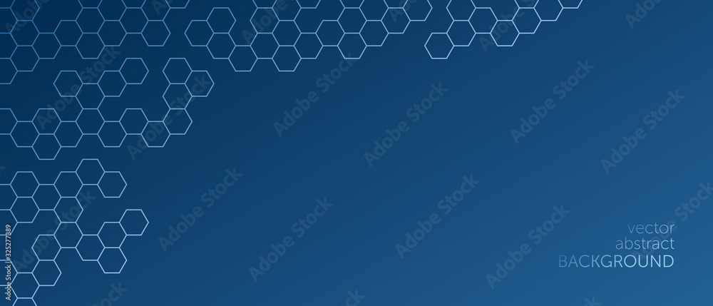 Vector abstract, geometric background, metallic blue hexagonal shapes on a classic blue gradient background. For banner, printing design, place for text. Copyspace.