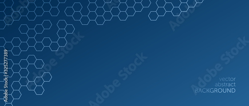 Vector abstract, geometric background, metallic blue hexagonal shapes on a classic blue gradient background. For banner, printing design, place for text. Copyspace.