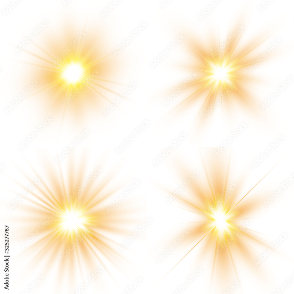 Obraz premium Glow light effect, explosion, glitter, spark, sun flash. Set of bright stars. Sunlight translucent special design light effect. Vector illustration.