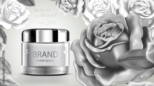 Luxury cosmetic Bottle package skin care cream, Beauty cosmetic product poster, with Rose background