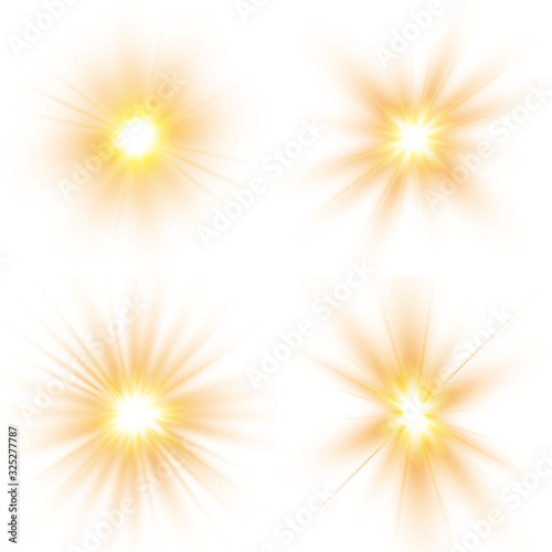 Glow light effect, explosion, glitter, spark, sun flash. Set of bright stars. Sunlight translucent special design light effect. Vector illustration.