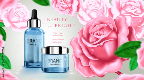 Luxury cosmetic Bottle package skin care cream, Beauty cosmetic product poster, with Rose and white color background