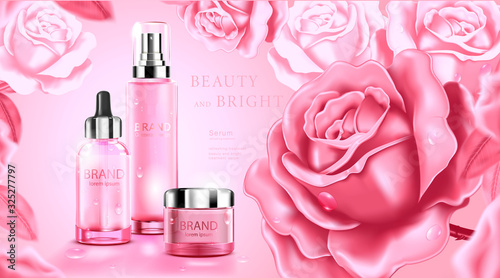 Luxury cosmetic Bottle package skin care cream, Beauty cosmetic product poster, with Rose and pink color background