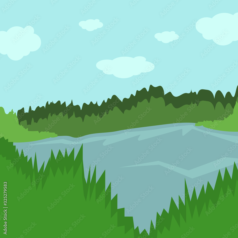 Forest landscape. Forest Lake. Vector illustration in a flat style.
