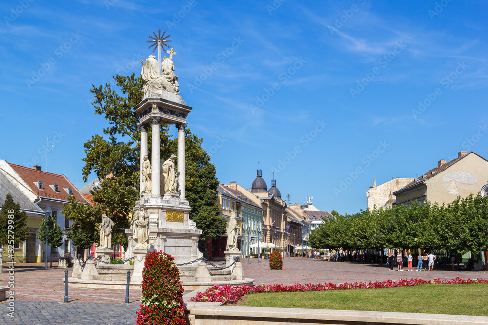 Esztergom, Hungary - September 14, 2019: Holy Trinity column at Szechenyi square in the old town Esztergom. Hungary