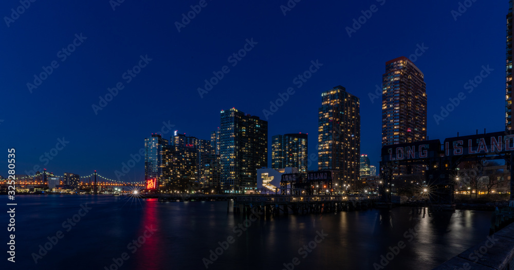 Long Island City, NY/USA - February 22, 2020: Gantry Plaza State Park at Night Long Island City, NY/USA - February 22, 2020: Gantry Plaza State Park at Night