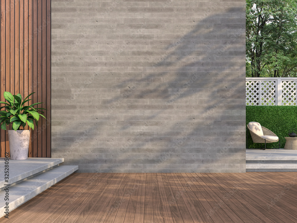 Fototapeta Contemporary loft style balcony 3D render,There are wooden floors, empty concrete walls decorating living area with rattan furniture with white fences.