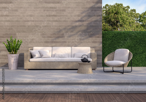 Loft style outdoor living area 3d render,There are wooden and concrete floor,rough concrete wall with wood plank stemped,green plant fence,decorate with ratten and fabric furniture.