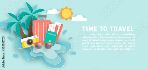 Time to Travel Banner with Items for Travelling like  passport, sunglasses ,camera and luggage in paper cut and craft style. 
