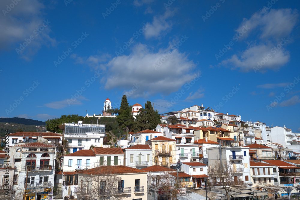 Skiathos island , the most famous island of Greece is one of the most famous Greek destinations in the whole world, here we see a view of the island from a ship. 