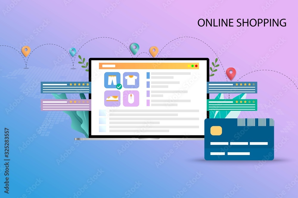 Concept of online shopping, the display of laptop show list of products, description, customer rating and reviews. The credit card is in the front. Map and route of the shipments in pastel background.